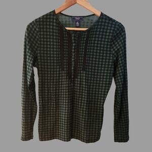 Chaps Cotton Long‎ Sleeve Gingham Top With Lace